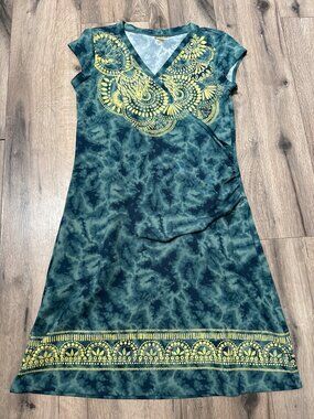 Athleta Nectar Faux Wrap Dress Tie-Dye Print Yellow Accents Size M